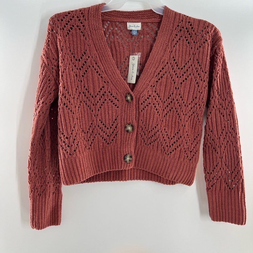 YARD & SEA CROPPED CABLE KNIT CARDIGAN BUTTON FRONT BROWN SWEATER NEW
